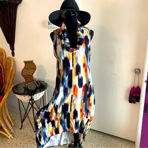 FOR CYNTHIA Linen Blend Print Sleeveless Dress! Great condition! Back longer. Lg